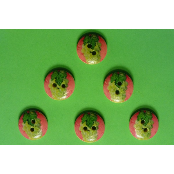 LOT 6 BOUTONS BOIS : rond thème fruit motif raisin 15mm - Photo n°1