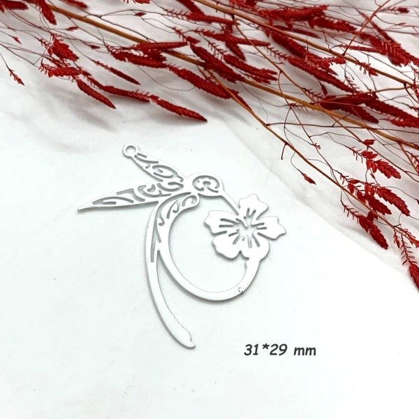 1 Pendentif Estampe Grand Colibri Blanc Graphique et Hibiscus, 31*29 mm - Photo n°1