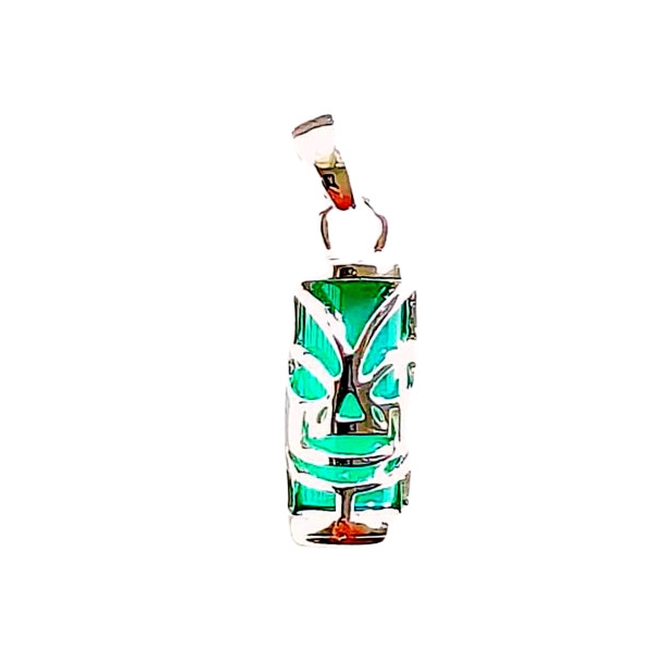 Pendentif petit Tiki Polynésien en agate verte et argent 1,3cm symbole sagesse + chaîne - Photo n°1