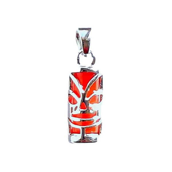 Pendentif petit Tiki Polynésien en agate rouge et argent 1,3cm symbole sagesse + chaîne - Photo n°1