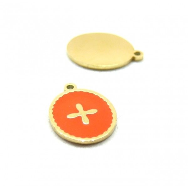 H11D45018G PAX 1 Pendentif Médaillon Ovale avec Croix, résine émaillé orange 13mm en Acier Inoxydabl - Photo n°1