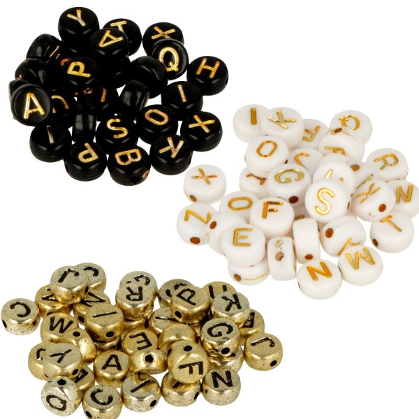 900 Perles alphabet blanc/ noir/ doré - Photo n°1