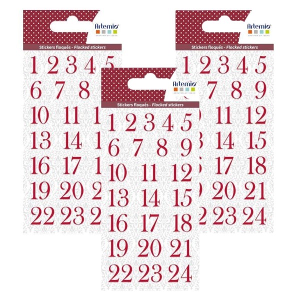 3 planches d'autocollants chiffres floqués rouges pour Calendrier de l'Avent - Photo n°1