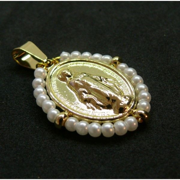 PS11844757  PAX 1 Pendentif Religieux, Vierge entourée de perles naturelles en acier Inoxydable 304 - Photo n°1