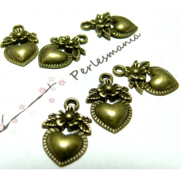 10 pendentifs coeurs fleur couleur Bronze ref 2D2604 - Photo n°1