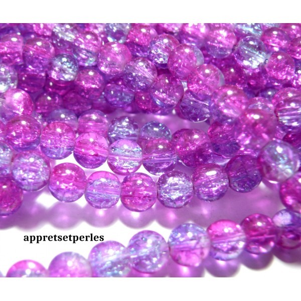 Offre spéciale: 1 fil environ 100 perles de verre craquelé bicolore rose et violet 8mm - Photo n°1