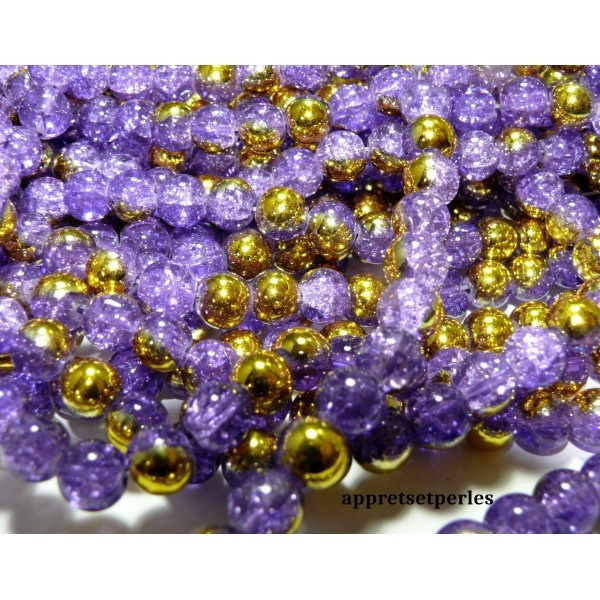 Offre spéciale: 1 fil environ 100 perles de verre craquelé bicolore violet et or 8mm PKL315 - Photo n°1