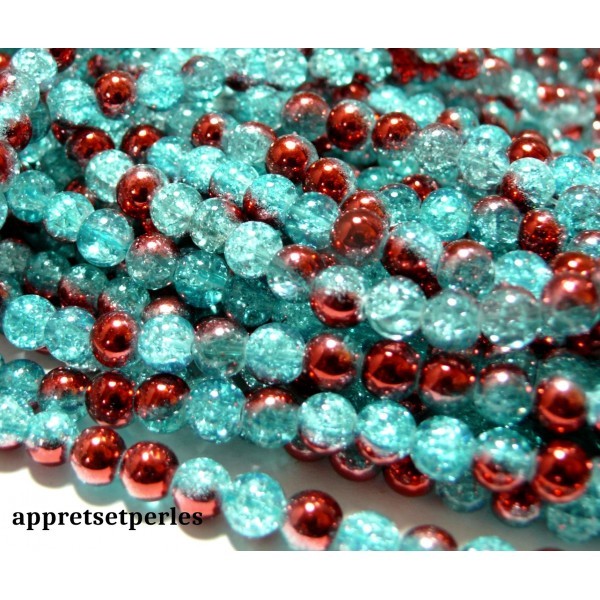 Offre spéciale: 1 fil environ 145 perles de verre craquelé bicolore Bleu et rouge 6mm PKL314 - Photo n°1