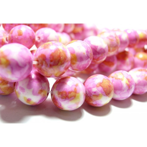Perles pour bijoux : 10 perles pierres teintées rose orange jaune 12mm - Photo n°1