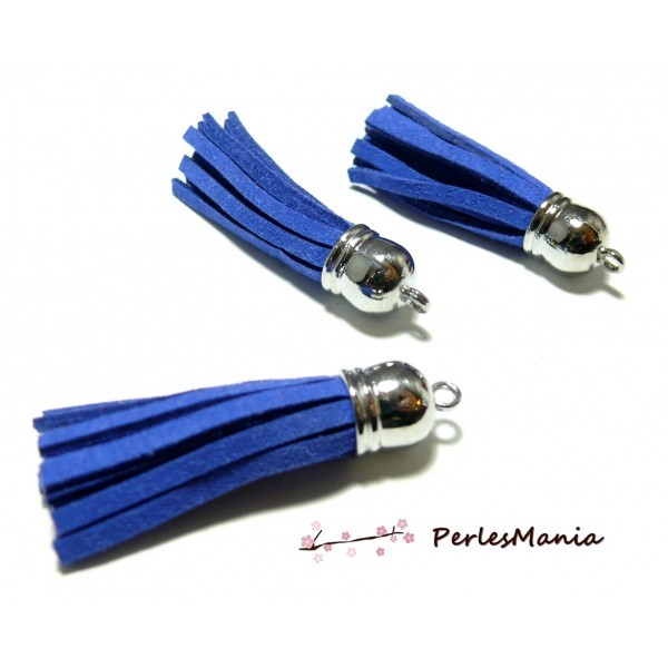 Apprêt mercerie 2 pompons passementière bleu electrique embout argent platine PH0049 - Photo n°1
