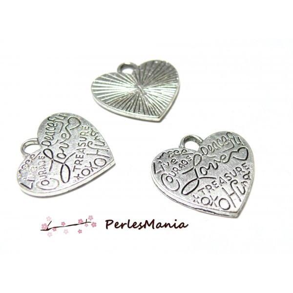 10 pendentifs Coeur à message Vieil argent 2Y2521 breloques pour création de bijoux - Photo n°1