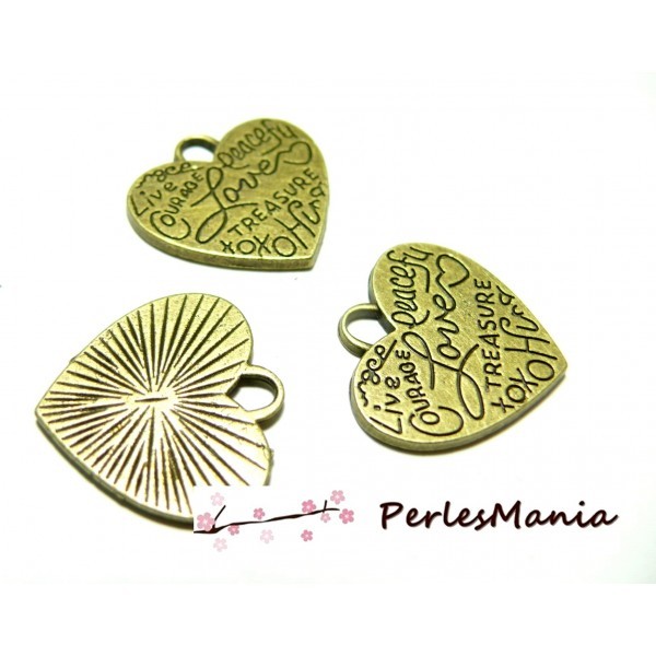 10 pendentifs Coeur à message Bronze 2Y2313 breloques pour création de bijoux - Photo n°1