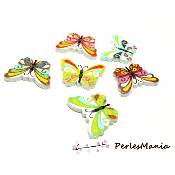 40 boutons en bois multicolores Papillons ref H1130 - Photo n°1
