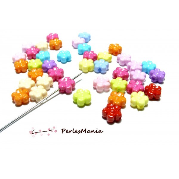 100 pendentifs Petites fleurs acrylique multicolores perles intercalaires 9mm HR807, DIY - Photo n°1