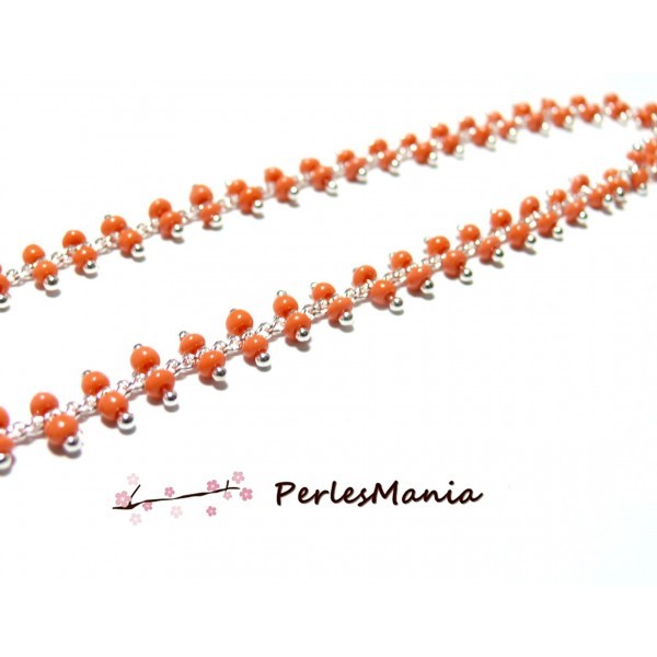 50cm Chaine Laiton ARGENT PLATINE et perles de verre ORANGE CORAIL DOUBLE rangée ref 151 - Photo n°1