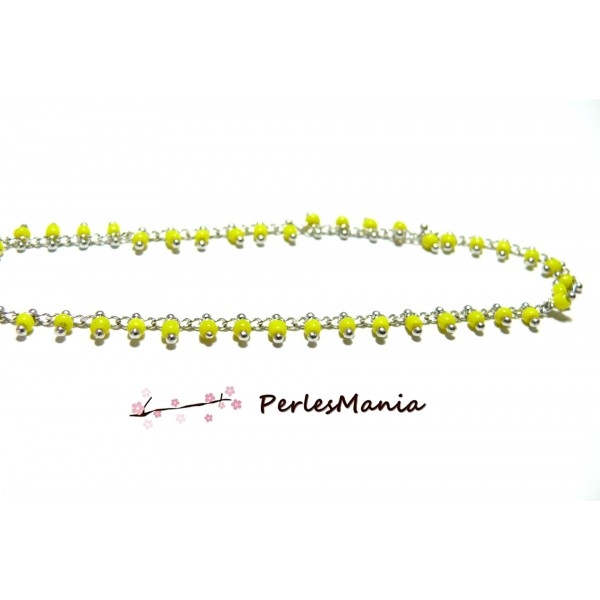 1m Chaine Laiton ARGENT PLATINE et perles de verre, rocaille JAUNE 2mm ref 28 - Photo n°1