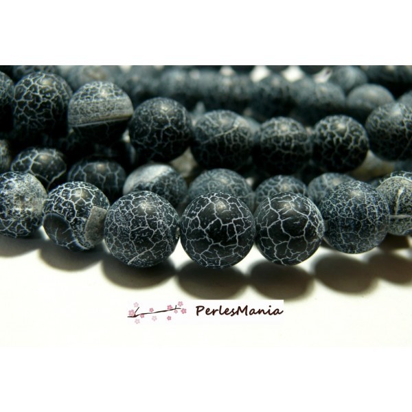 10 perle agate craquelée 12 mm agate veine de dragon NOIR mat givré - Photo n°1