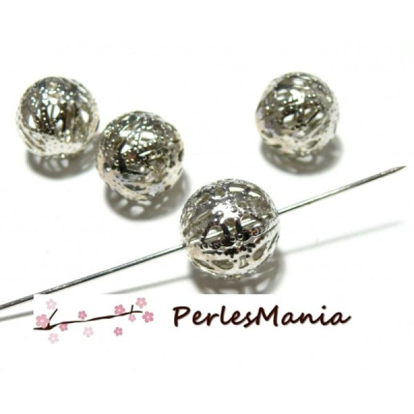 10 Perles intercalaire ronde dentelle filigrane 10mm ARGENT PLATINE H516 - Photo n°1
