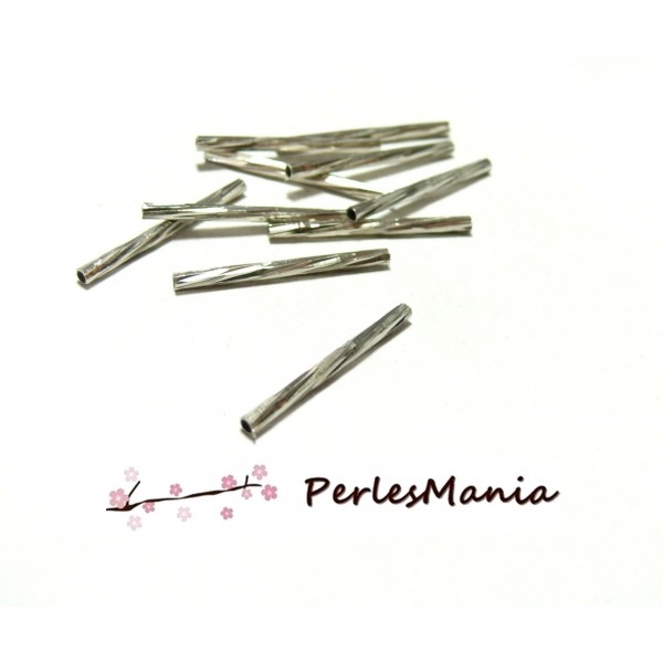 20 perles intercalaires TUBES FINS CISELES 25 par 2mm metal ARGENT PLATINE H1157S - Photo n°1