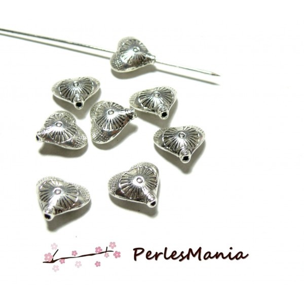 10 perles intercalaires COEUR et Soleil BIFACE metal couleur ARGENT ANTIQUE ref 123 - Photo n°1