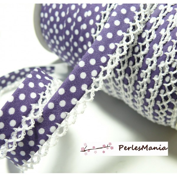 50cm cordon ruban biais dentelle Pois violet et blanc 12mm ref 71486 couleur 52 - Photo n°1