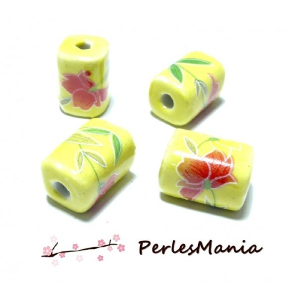 4 Perles rectangle céramique jaune et fleur rouge - Photo n°1