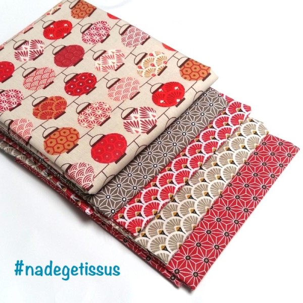 Coupons 5-Lampions rouge-saki taupe-rouge-éventails-beige-rouge- 50 x 50 cm - Photo n°1