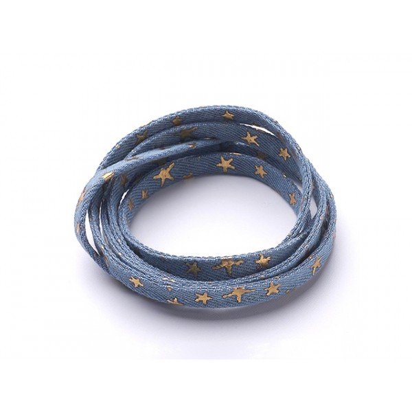 Lanière En Jeans Coton Tissé Gris Bleu Motifs étoiles Dorées 10mm, Au Mètre - Photo n°1