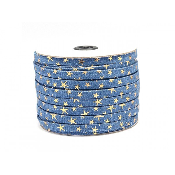 Lanière En Jeans Coton Tissé Bleuet Motifs étoiles Dorées 10mm, Au Mètre - Photo n°1