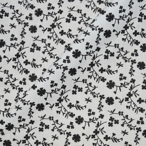 Tissu popeline coton imprimé fleurs noir et blanc (x20cm) - Photo n°1