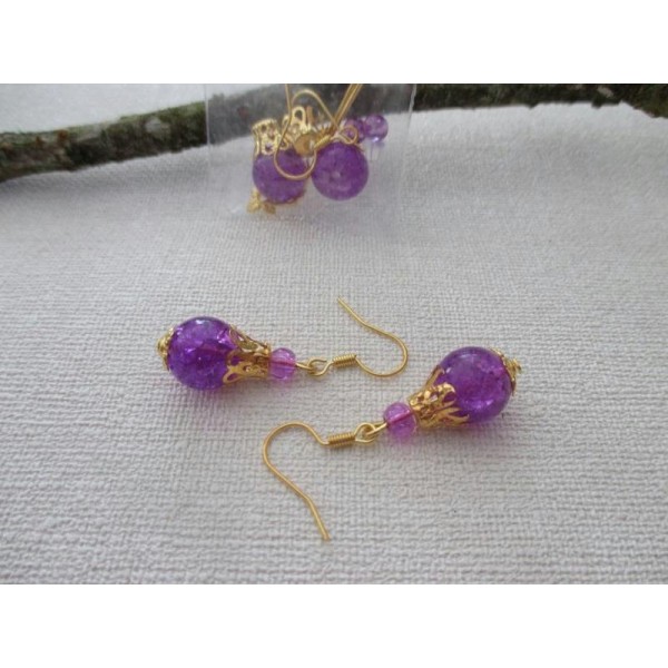 Kit boucles d'oreille perle et coupelle cône doré et violet - Photo n°1