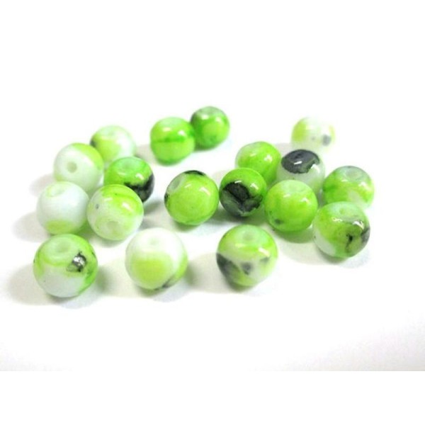 50 Perles En Verre Blanc Mouchetée Vert Anis Et Noir  6Mm - Photo n°1