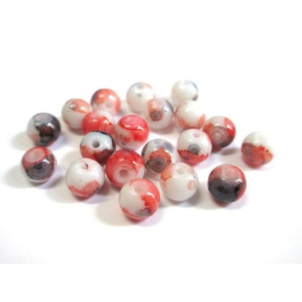 50 Perles En Verre Blanc Mouchetée Rouge Et Noir 6Mm - Photo n°1