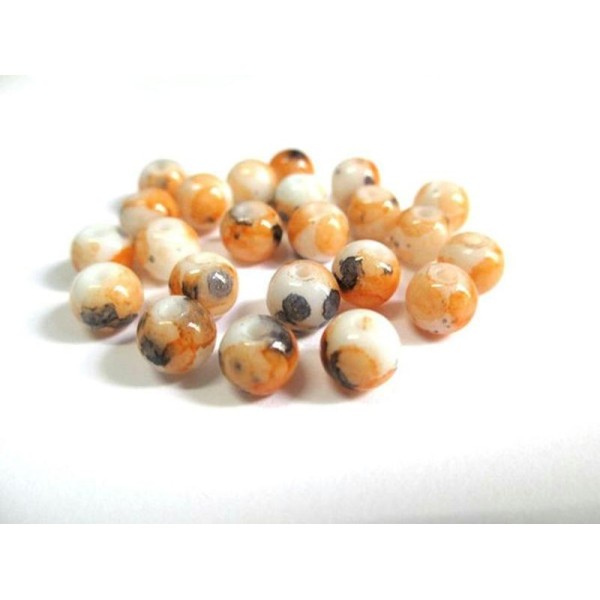 50 Perles En Verre Blanc Mouchetée Orange Et Noir  6Mm - Photo n°1