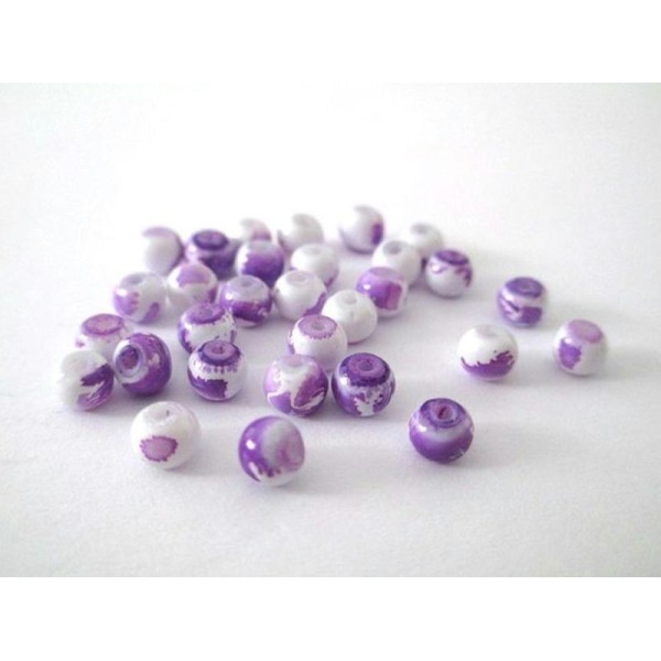 50 Perles En Verre Blanches Mouchetées Violet 4Mm - Photo n°1