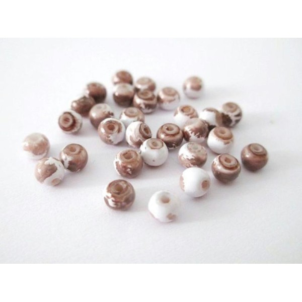50 Perles En Verre Blanches Mouchetées Marron 4Mm - Photo n°1