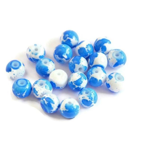 10 Perles Blanc Moucheté Bleu Foncé En Verre  8Mm - Photo n°1