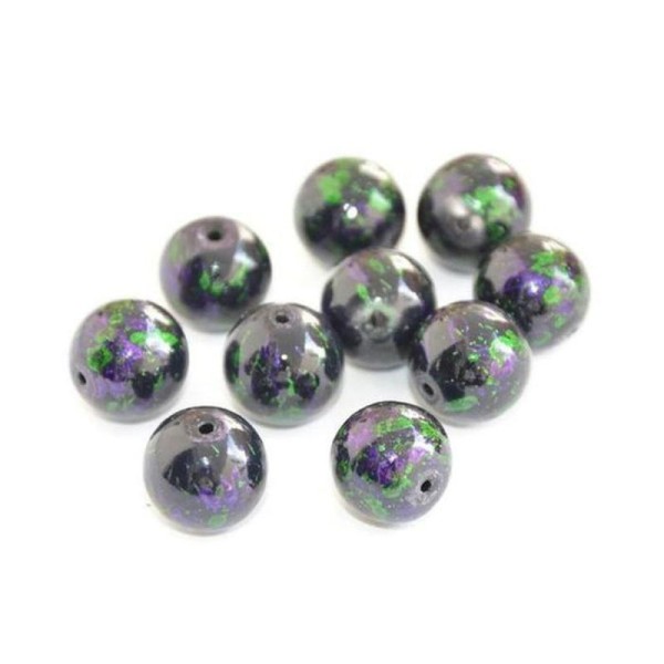 10 Perles Noires En Verre Mouchetées Violet Et Vert 12Mm - Photo n°1