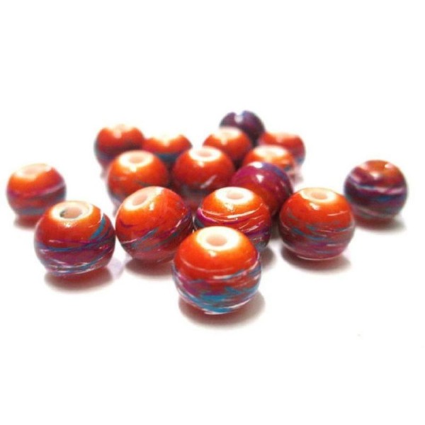 10 Perles Orange Tréfilé Multicolore En Verre Peint 8Mm (B-31) - Photo n°1