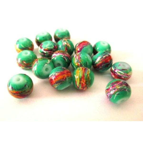 10 Perles Vert Tréfilé Multicolore En Verre Peint 8Mm (C-24) - Photo n°1
