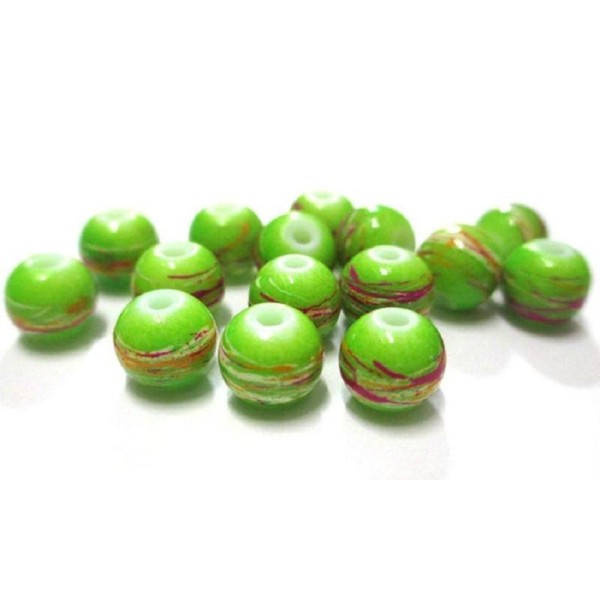10 Perles Vert Anis Tréfilé Multicolore En Verre Peint 8Mm (B-27) - Photo n°1