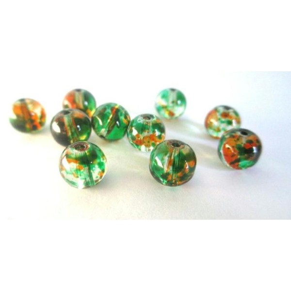 20 Perles Orange Et Vert Tréfilé Translucide En Verre 6Mm - Photo n°1