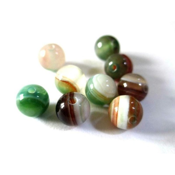 20 Perles Agate Rayée Couleur Vert Marron Et Blanc 6Mm - Photo n°1