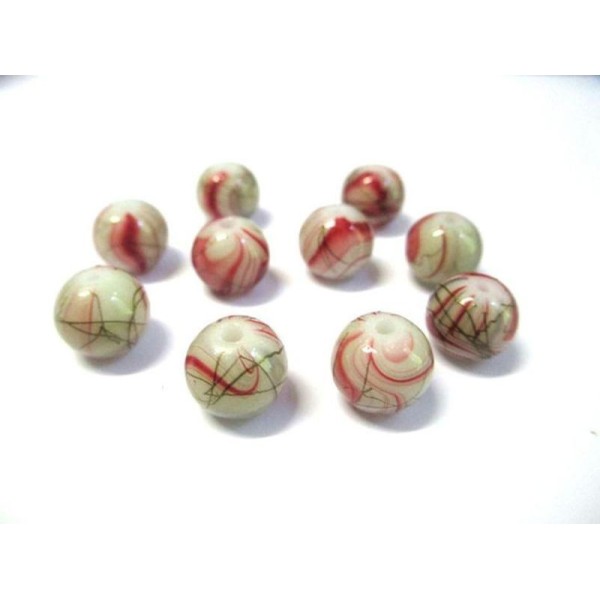 10 Perles Beige  Tréfilé Rouge Et Marron En Verre Peint 10Mm - Photo n°1