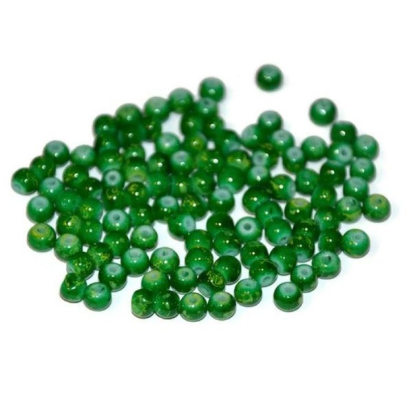 50 Perles En Verre Couleur Vert Tacheté  Jaune 4Mm - Photo n°1