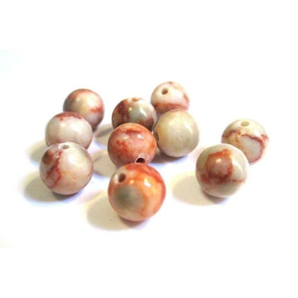 10 Perles Jade Naturelle Marbré Orange  8Mm - Photo n°1