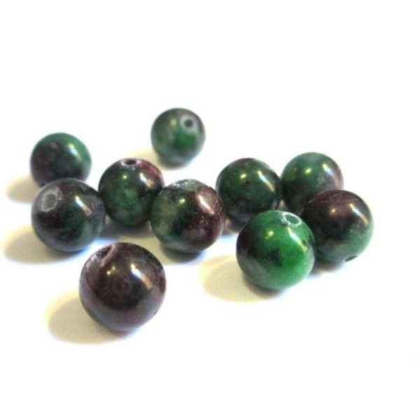 10 Perles Jade Naturelle Vert Foncé Et Prune  8Mm - Photo n°1
