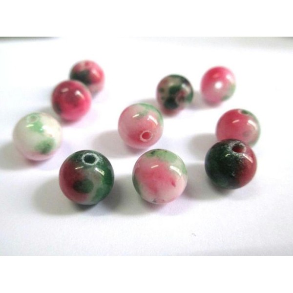 10 Perles Jade Naturelle  Vert Rose Blanc  8Mm (4) - Photo n°1