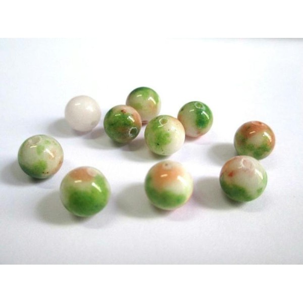 10 Perles Jade Naturelle Saumon Blanc Vert 8Mm (5) - Photo n°1