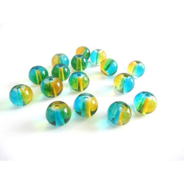 10 Perles Rondes En Verre Translucide Bicolore Bleu Et Orange 8Mm - Photo n°1